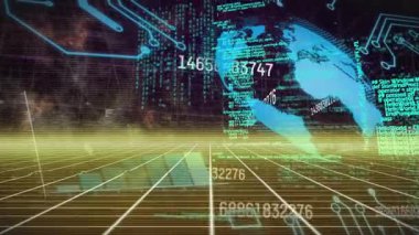 Küre, sayı, grafik ve veri işleme ile dijital alanın animasyonu. Veri işleme, finans ve teknoloji konsepti dijital olarak oluşturulmuş video.