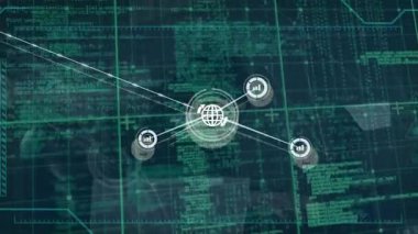 Mavi arkaplan üzerinde dijital simge ve veri işleme ağının animasyonu. Küresel ağ ve iş teknolojisi kavramı