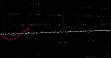 Beyaz grafik yukarı ve aşağı döner ve siyah arkaplanda rakamlar değişirken beyaz bloklar etrafta yüzer..