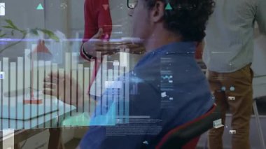Animation of financial data processing over diverse business people. Global business, finances, computing and data processing concept digitally generated video.
