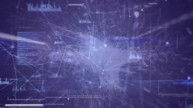 Mavi arkaplanda veri işleme animasyonu. küresel iş, finans, bağlantılar ve dijital arayüz konsepti dijital olarak oluşturulmuş video.