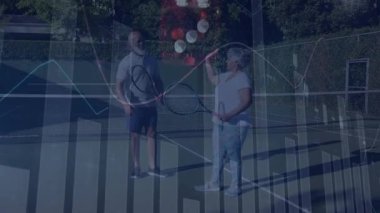Animation of financial data processing over african american tennis players. global sports and data processing concept digitally generated video.