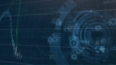 Donanma dijital uzayı üzerinde grafiklerin, işlem çemberlerinin ve simgelerin animasyonu. Küresel ağ, bağlantılar, iletişim, veri işleme ve teknoloji kavramı dijital olarak oluşturulmuş video.