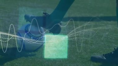 Futbolcu üzerinden bağlantı ve veri işleme animasyonu. Küresel spor, rekabet, iş dünyası, finans, bilgisayar ve veri işleme kavramı dijital olarak oluşturuldu.