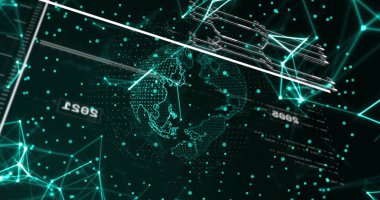 Asya-Pasifik 'i üç boyutlu sanal boyutta vurgulayan dönen noktalı dünya parlayan düğümler gösteriyor. Veritabanı, ağ, kafes, holografik, ekleme, gelecekçi, deniz mavisi