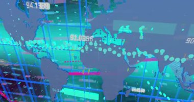 Mavi arkaplanda veri işleme animasyonu. küresel iş ve dijital arayüz kavramı dijital olarak oluşturulmuş video.