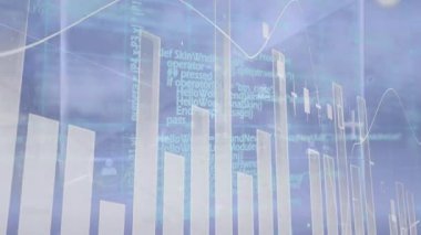 Kamera şeffaf 3D barların üzerinde dönüyor, dalga boyu izleme, mumlar yanıp sönüyor, canlı veri gösteriliyor. Sütunlar, görselleştirme, gösterge paneli, analitik, parallaks, soyut, fütürist