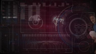 Rugby oynayan çok ırklı oyuncular üzerine birçok diyagramın animasyon pozu. Dijital bileşim, teknoloji, veri, ragbi topu, spor, rekabet, rakip.