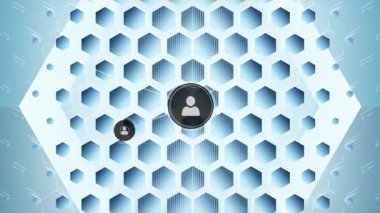 Profil simgelerinin oluşturduğu ağın mavi altıgen şekiller üzerinde kusursuz bir şekilde canlandırılması. Küresel ağ ve iş teknolojisi kavramı