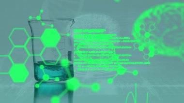 Siyah arka planda tıbbi veri işleme ve kimyasal bileşiklerin bileşimi. Beyaz bir kadın maskesini ve virüsünü hava arka planında yüzdürüyor..