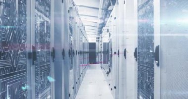 Veri akışı üzerinde artan nabız değişimi, sunucu koridoru sabit kalıyor, kamera ileriye doğru dönüyor. Veri tabanı, raf, koridor, fütüristik, grafikler, grafikler, telemetri