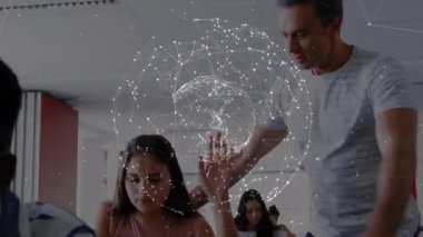 Okulda farklı öğrencilerin öğrenmesi üzerine bağlantıların ve dünyanın animasyonu. lise eğitimi, bağlantılar ve dijital olarak oluşturulmuş öğrenme konsepti.