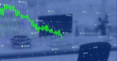 Bulanık masada canlandırma çizelgesi, zaman hareket ediyor, mumları düşürüyor ve piyasayı gösteriyor. Şamdan, grafikler, kaplama, ızgara, üçgen, minimalist, monitör