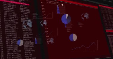 Kırmızı arkaplanda veri görselleştirme grafikleri olan bilgisayar kodlarının animasyonu. Teknoloji, kodlama, programlama, veri analizi, dijital, analitik