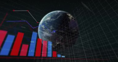Animation of financial data processing over globe. Global business, finances, computing and data processing concept digitally generated video.