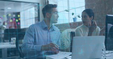 Animation of biometric fingerprint and data processing over diverse business people in office. Global business, finance, computing and data processing concept digitally generated video.