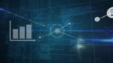 Mavi arka planda veri işleme ve simgelerin canlandırılması. küresel iş ve dijital arayüz kavramı dijital olarak oluşturulmuş video.