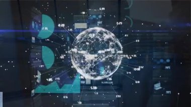 Finansal grafikler ve şehir manzarası üzerinden bağlantıların ve dünyanın animasyonu. küresel ağ, bağlantılar ve teknoloji konsepti dijital olarak oluşturulmuş video.