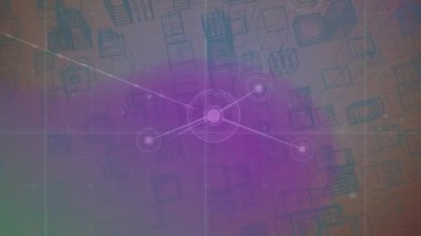 Mor şekil ve şehir manzarası üzerinde insanlarla olan bağların animasyonu. Küresel kalkınma, bağlantılar ağı ve dijital olarak oluşturulan veri işleme konsepti.