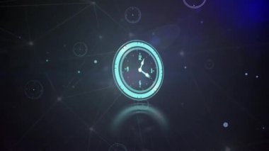 Animation of clock moving over network of connections. Global business and digital interface concept digitally generated video.