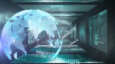 Küresel animasyon, değişen sayılar ve bilimsel veri işleme. Dijital olarak oluşturulmuş küresel çevrimiçi güvenlik, iş, finans ve veri işleme kavramı.