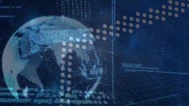 Veri işlemenin animasyonu ve dönen dünyanın üzerindeki ışık izleri mavi arkaplanla karşılaşıyor. Küresel ağ ve iş teknolojisi kavramı