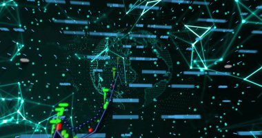 Yükselen çizgi grafiği ve veri çubukları ile sanal gösterge panelinde dönen kablo çerçevesi görüntüleniyor. Siber uzay, holografik, ağ, düğümler, çokgenler, geleceksel, parçacıklar