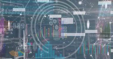 Değişen numaraların animasyonu, veri işleme arayüzüne karşı bağlantılar ağı. Bilgisayar arayüzü ve iş ağı teknolojisi kavramı