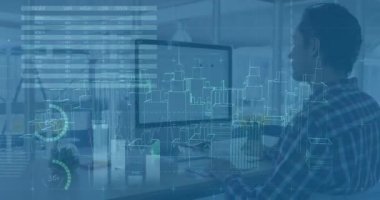 Animation of financial data processing over diverse business people. Global business digital interface technology and networking concept digitally generated video.