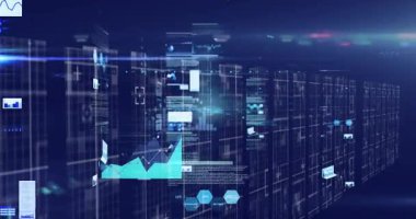 Mavi arkaplandaki ışık noktasıyla veri işleme yapan birden fazla ekranın dijital animasyonu. bilgisayar arayüzü ve teknoloji kavramı