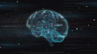 Siyah arka planda beyin animasyonu. İnsan biyolojisi, zihni, veri işleme, bilgisayarlar ve teknoloji konsepti dijital olarak oluşturulmuş video.