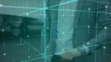 Animation of data processing over network of connections over caucasian businessman. Global connections, business, finance, computing and data processing concept digitally generated video.