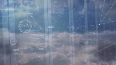 Animation of network of connections and clouds over servers. Global network, connections and technology concept digitally generated video.