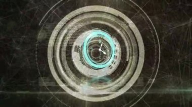 Koyu arkaplan üzerinde saat ve veri işleme animasyonu. küresel bilim, veri işleme ve dijital arayüz kavramı dijital olarak oluşturulmuş video.