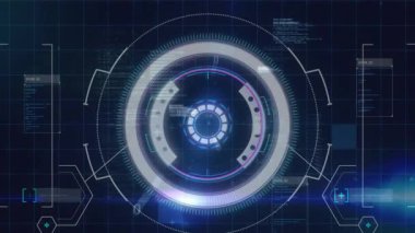 Yuvarlak tarayıcının dijital animasyonu ve mavi arkaplan ile veri işleme. bilgisayar arayüzü teknolojisi kavramı