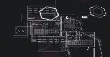 DNA iplikçiklerinin animasyonu, veri işlemeli ekranlar. Küresel bilim, araştırma, hesaplama ve veri işleme kavramı dijital olarak oluşturulmuş video.