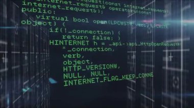 Animation of data processing over moving columns on black background. Global connections, computing and digital interface concept digitally generated video.