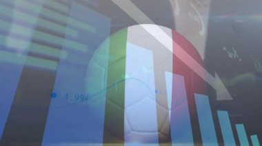 Spor istatistikleri, futbol animasyonu üzerinde İtalyan bayrağı olan bar çizelgeleri. Veri, analitik, İtalya, animasyon, bilgi, futbol