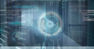 Veri işleme animasyonu ve sunucu odasındaki çeşitli iş adamlarının 5G 'si. Küresel teknoloji, bilgisayar ve dijital arayüz kavramı dijital olarak oluşturulmuş video.