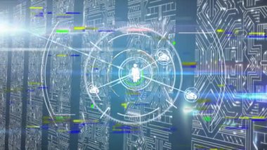 Işık noktalarının üzerinde veri işleme animasyonu. Küresel iş ve dijital arayüz kavramı dijital olarak oluşturulmuş video.