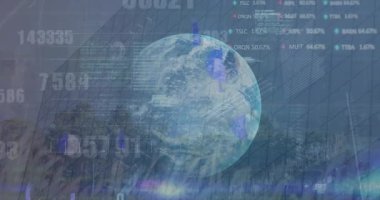 Animation of financial data processing with globe over cityscape. Global business, finances and digital interface concept digitally generated video.