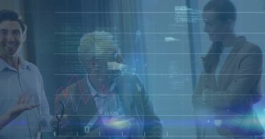 Ofiste birlikte tartışan çeşitli iş adamları üzerinde istatistiksel veri işleme animasyonu. İş veri teknolojisi kavramı