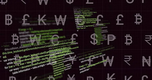 Parlak kod panelleri karanlık ızgara üzerinde yüzüyor, neon kod blokları ve karo para birimi sembolleri sergiliyor. Engelleme zinciri, fintech, crypto, siber güvenlik, görselleştirme, floresan, javascript