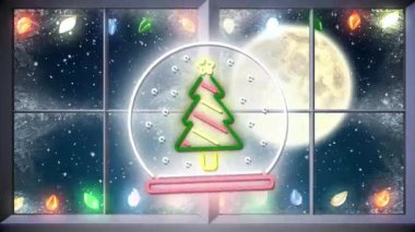 Kış manzarası boyunca kar küresi şeklinde bir Noel animasyonu. Noel, gelenek ve kutlama konsepti dijital üretilmiş video.