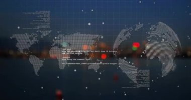 Şehir manzarası üzerinde veri işleme animasyonu. küresel iş ve dijital arayüz kavramı dijital olarak oluşturulmuş video.