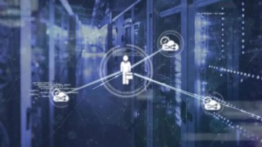 Animation of connected icons and dots with programming language over server room. Digital composite, multiple exposure, communication, coding, networking, technology and network server concept.