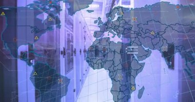 Animation of world map and data processing over computer servers. Global computing and data processing concept digitally generated video.