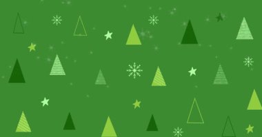 Yeşil arka planda, Noel ağaçlarının üzerine düşen kar animasyonu. Noel, gelenek ve kutlama konsepti dijital olarak oluşturuldu.
