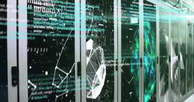 Veri işleme ve ağ bağlantıları veri merkezindeki sunucu rafları üzerinde canlandırma. Teknoloji, sunucular, altyapı, bilişim, iletişim, dijital