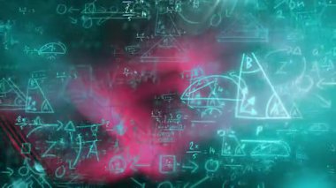 Kırmızı nebula sürüklenen neon yeşil semboller ve formüller ortaya çıkıyor ve görselleştirme için üçgen oluşturuyor. Soyut, dijital sanat, fütüristik, veri görselleştirme, geometrik, matematiksel, neon ışığı